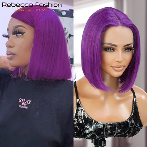 Halloween Cosplay Purple Hair 13x5x1 Transparent Lace Front Human Hair Wigs 180 Density Short Straight Lace Bob Wigs Human Hair - www.sixcolors.us