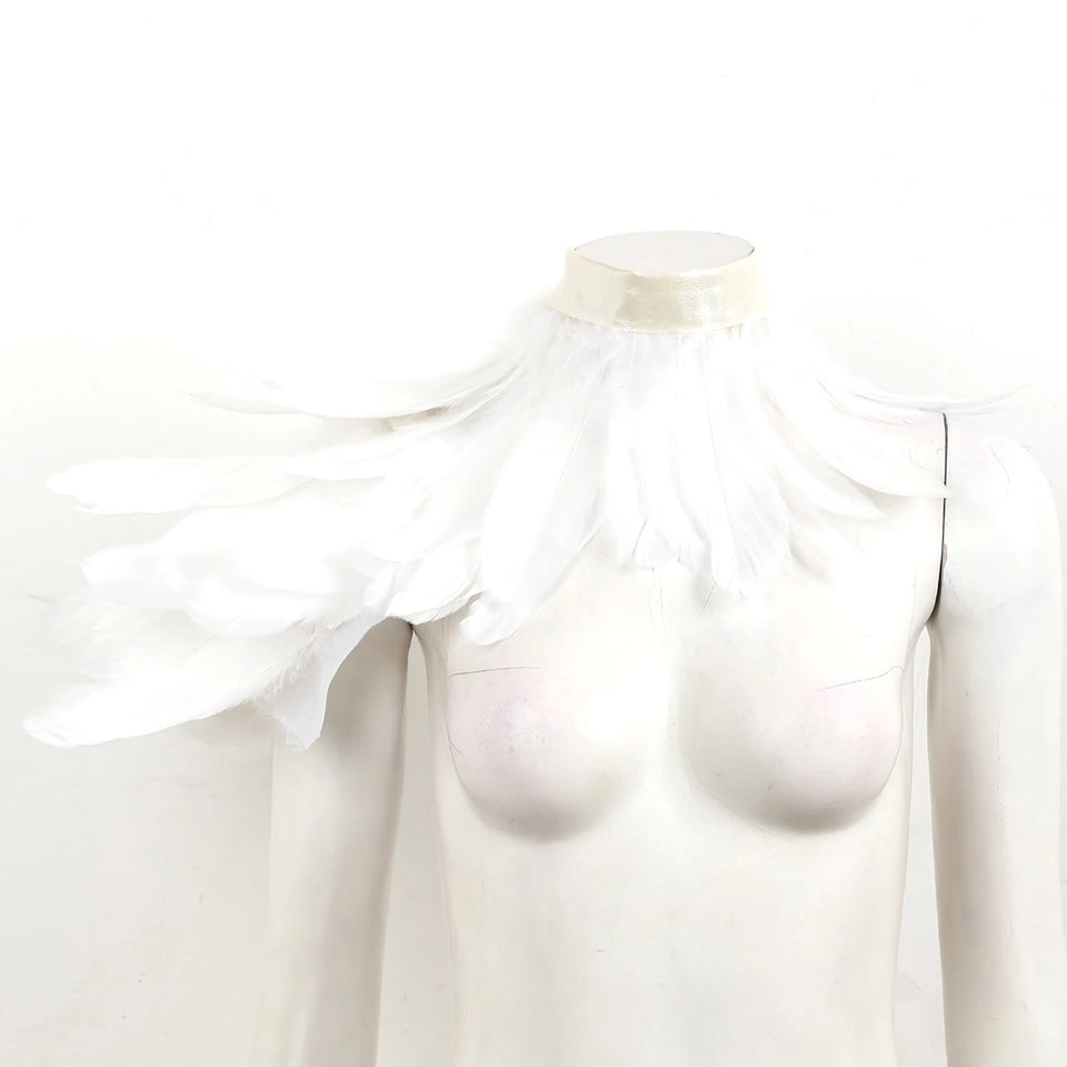Black White Feather Cape Punk Gothic One Shoulder Shrug Shawl Wings Witch Costume Choker Collar Party Halloween Performance Show - www.sixcolors.us