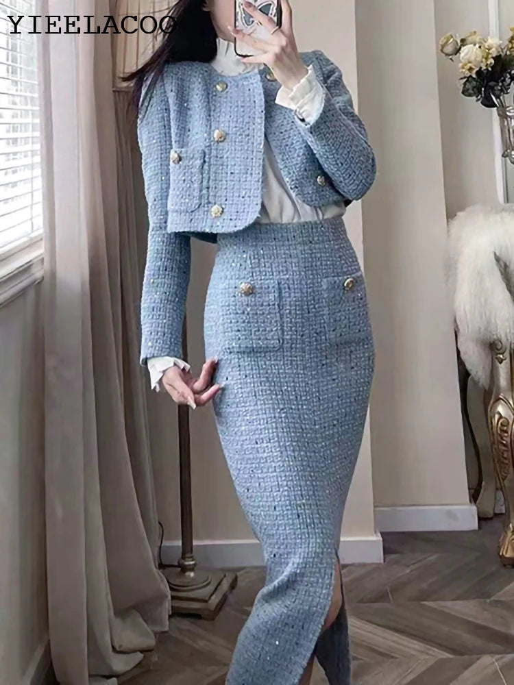 BlueTweed jacket + Skirt Sets fashion Professional Set slimming new Women's Suit Autumn/Winter White 2-Piece Set