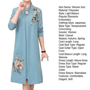 Women Dress Coat Suit Spring Fall Middle-age Ladies Female Open Front Long Cardigan O Neck Sleeveless Overcoat Jacket Dress Kit
