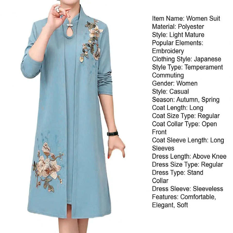 Women Dress Coat Suit Spring Fall Middle-age Ladies Female Open Front Long Cardigan O Neck Sleeveless Overcoat Jacket Dress Kit