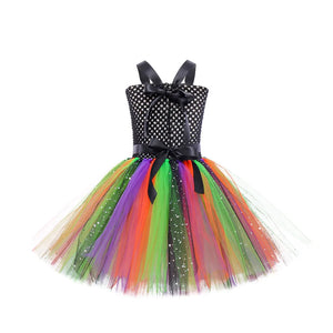 Colorful Witch Costume for Girls Halloween Fancy Dress Up Tutu Dresses Kids Carnival Party Dresses Children Rainbow Dress - www.sixcolors.us