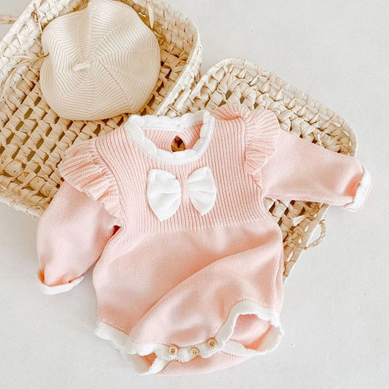 Infant Baby Girl Sweet Embroider Knit Jumpsuit s Pink Bow Princess Rompers Spring Autumn Newborn Kids Baby Girls Clothes Rompers