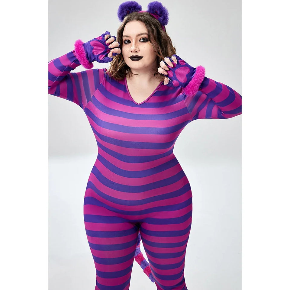 Plus Size Halloween Costume Purple Long Sleeve Stripe Cosplay Kitten Knitted Jumpsuit (With Headwear And Gloves) - www.sixcolors.us