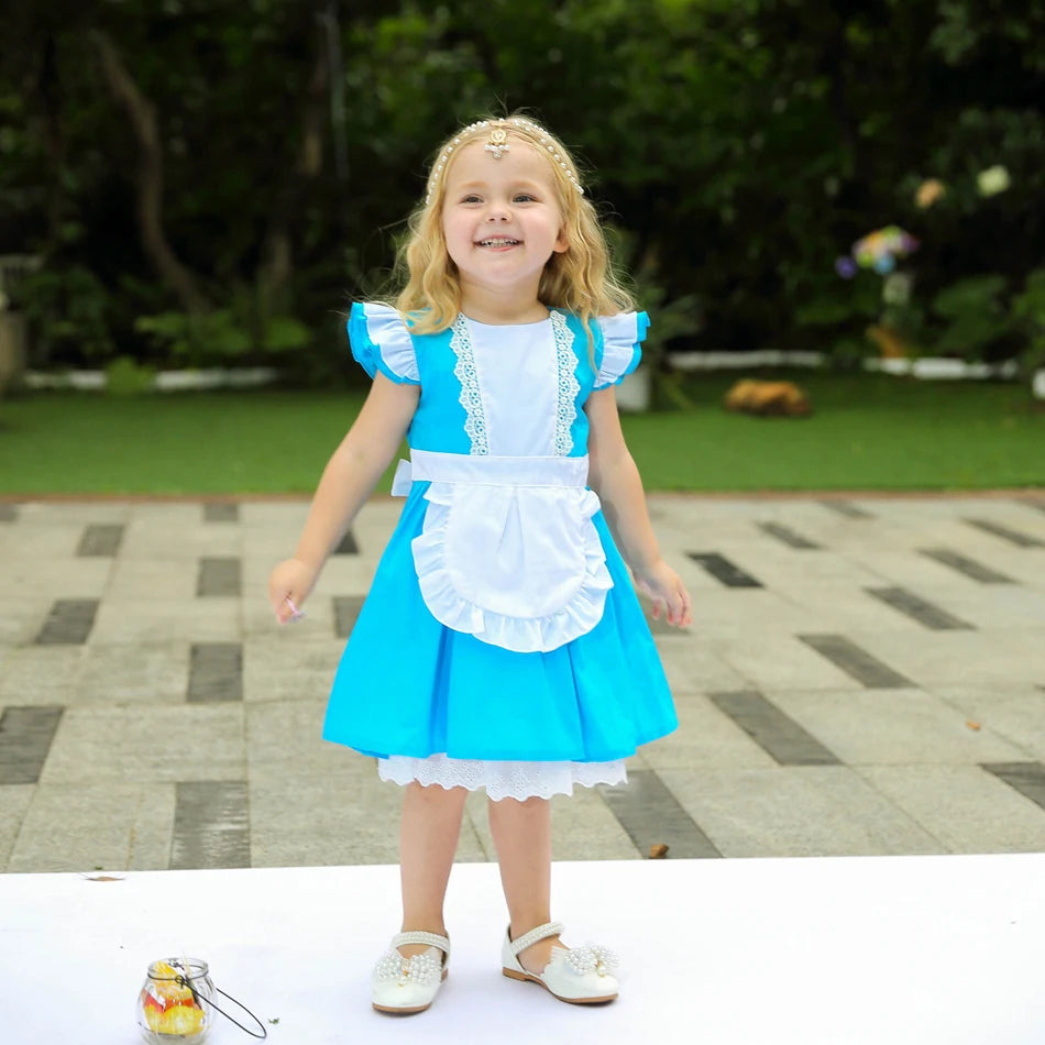 Girl Alice Cosplay Costume Children Blue Cortton Maid Lolita Dress Movie Wonderland Character Costume Halloween Disguise Clothes - www.sixcolors.us