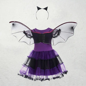 Halloween Girls Purple Bat Dress Kids Fancy Cosplay Vampire Demon Costume With Wing Headwear Carnival Witch Role Play Clothes - www.sixcolors.us