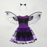 Halloween Girls Purple Bat Dress Kids Fancy Cosplay Vampire Demon Costume With Wing Headwear Carnival Witch Role Play Clothes - www.sixcolors.us