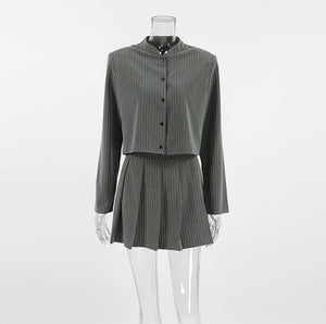 Elegant 2-Piece Set for Woman College Style Striped O-Neck Collar Long Sleeved Blazer Jacket A-Line Mini Pleated Mini Skirt Set