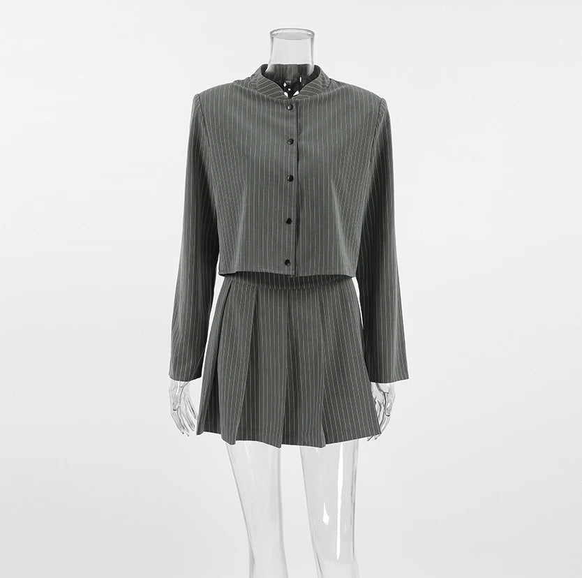 Elegant 2-Piece Set for Woman College Style Striped O-Neck Collar Long Sleeved Blazer Jacket A-Line Mini Pleated Mini Skirt Set