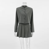Elegant 2-Piece Set for Woman College Style Striped O-Neck Collar Long Sleeved Blazer Jacket A-Line Mini Pleated Mini Skirt Set