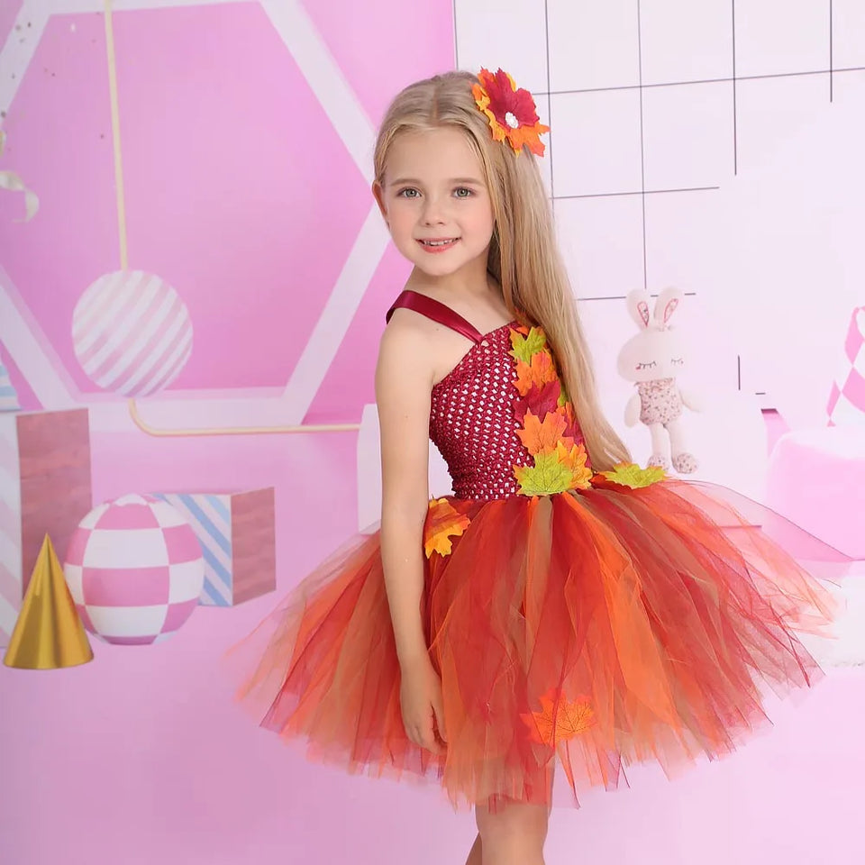 Autumn Fairy Girls Costume Tutu Dress Kids Halloween Tulle Dress Woodland Cosplay Princess Dress Children Festival Costume - www.sixcolors.us