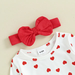 Baby Girl Valentine s Day Clothes Heart Print Long Sleeve Romper with Bear Embroidery Denim Overalls Pants Headband