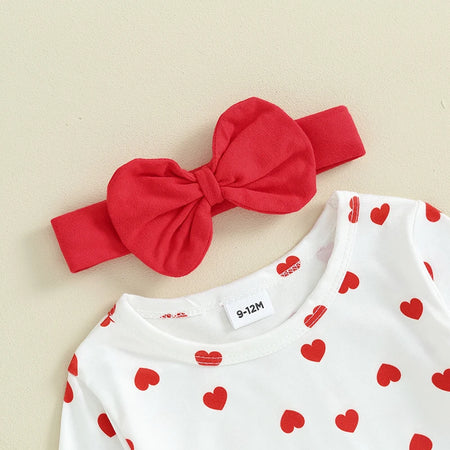 Baby Girl Valentine s Day Clothes Heart Print Long Sleeve Romper with Bear Embroidery Denim Overalls Pants Headband