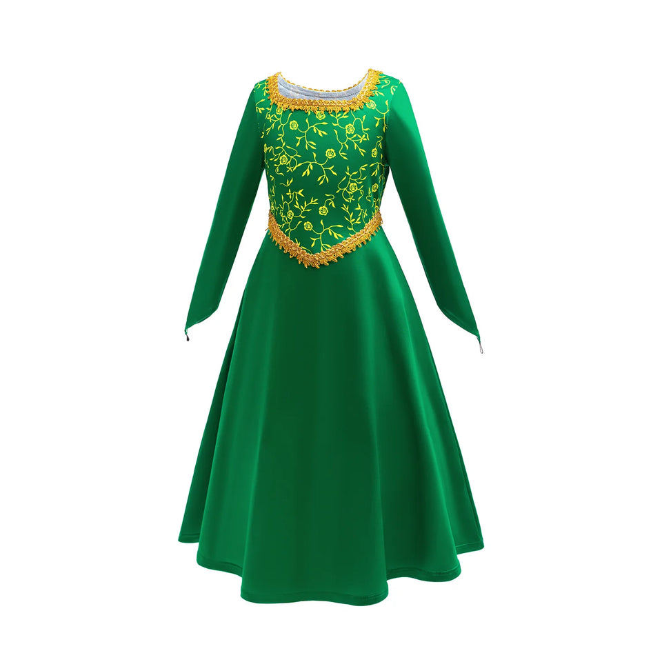 Fiona Green Princess Dress Halloween Fantasy Dress Up Costume Children Elegant Gown Kids Autumn Long Sleeve Lace Print Frocks - www.sixcolors.us