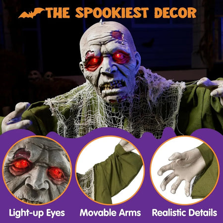 Halloween Animated Zombie Groundbreaker with Light Up Eyes Creepy Animatronic Decorations with Movable Arms for Halloween - www.sixcolors.us