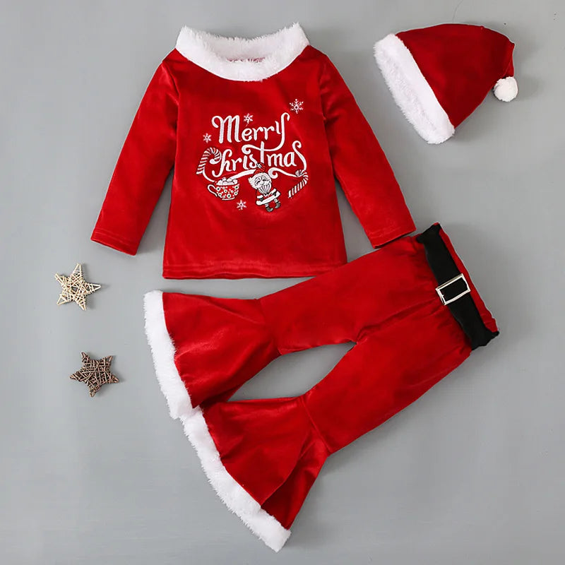 Christmas Costume For Kids Girls Santa Claus Toddler Baby Red Xmas Clothes Set Party Merry Christmas Text Embroidery Red Outfits