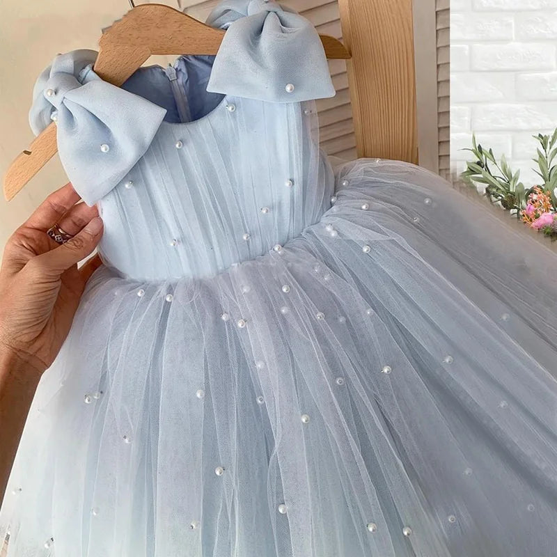 Baby Girl Princess Pearl Bow Dress Sleeveless Infant Toddler Girl Vintage Vestido Party Pageant Birthday Baby Clothes 1-12Y