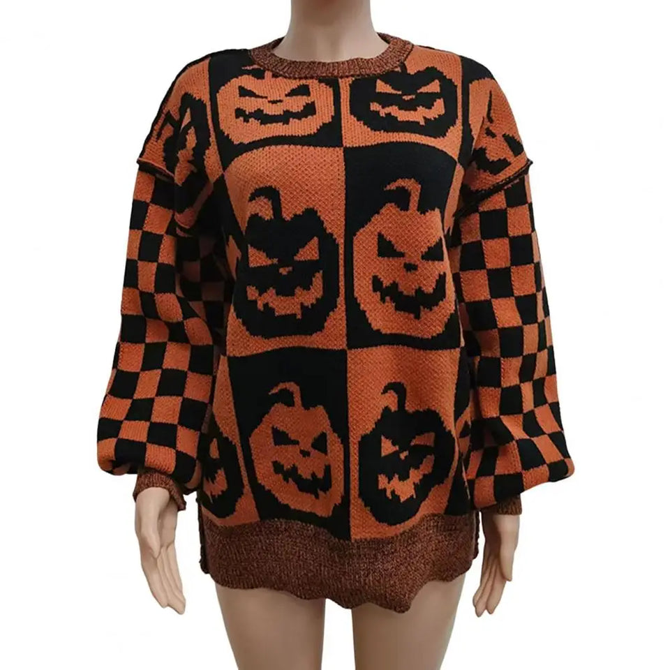 Plaid Pumpkin Ghost Pattern Sweater Spooky Pumpkin Ghost Plaid Sweater Oversized Crew Neck Halloween Knitwear Haunted Checkered - www.sixcolors.us