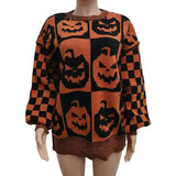 Plaid Pumpkin Ghost Pattern Sweater Spooky Pumpkin Ghost Plaid Sweater Oversized Crew Neck Halloween Knitwear Haunted Checkered - www.sixcolors.us