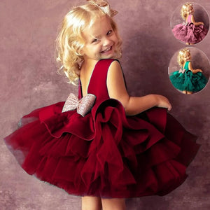 Red Christmas Dresses for Kids Girls Backless Bow Princess New Years Clothes Tutu Infant Xmas Birthday Party Formal Gala Costume