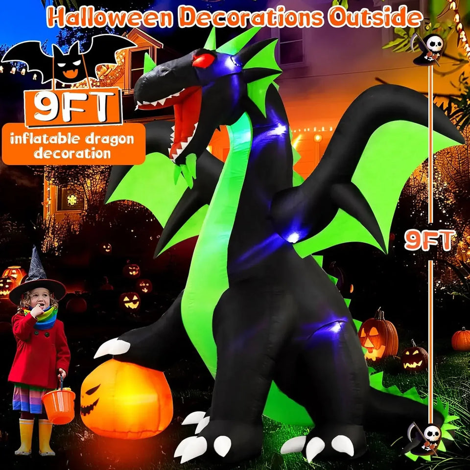 Halloween Inflatable Dragon Outdoor Decorations : 9FT Large Blow Up Yard Dragon with Pumpkin and LED Lights for Halloween Fun - www.sixcolors.us