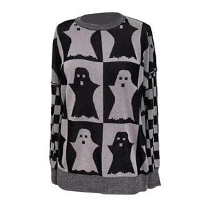 Plaid Pumpkin Ghost Pattern Sweater Spooky Pumpkin Ghost Plaid Sweater Oversized Crew Neck Halloween Knitwear Haunted Checkered - www.sixcolors.us
