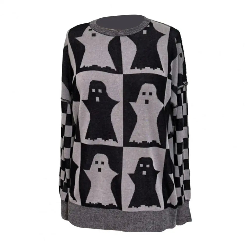 Plaid Pumpkin Ghost Pattern Sweater Spooky Pumpkin Ghost Plaid Sweater Oversized Crew Neck Halloween Knitwear Haunted Checkered - www.sixcolors.us