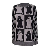 Plaid Pumpkin Ghost Pattern Sweater Spooky Pumpkin Ghost Plaid Sweater Oversized Crew Neck Halloween Knitwear Haunted Checkered - www.sixcolors.us
