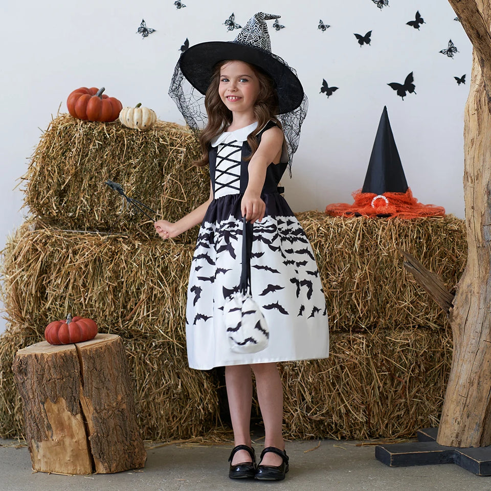 Halloween Black Bat Printed Costumes for Girls Carnival Cosplay Wedding Birthday Princess Party Dresses Christmas Kids Clothing - www.sixcolors.us