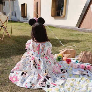 2024 Mickey Minnie Mouse Korean Style Daisy Cartoon Puff Sleeve Clothes Summer Baby Girls Casual Dress Kids Backless Dress 2-8Y