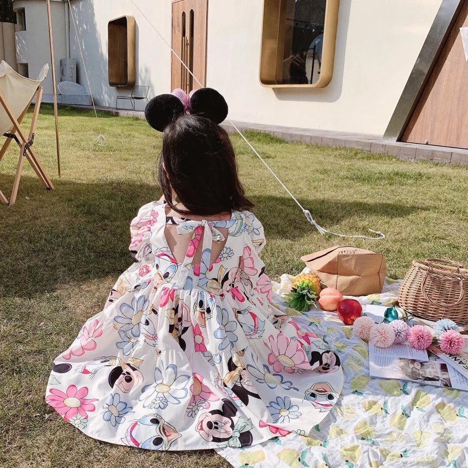 2024 Mickey Minnie Mouse Korean Style Daisy Cartoon Puff Sleeve Clothes Summer Baby Girls Casual Dress Kids Backless Dress 2-8Y