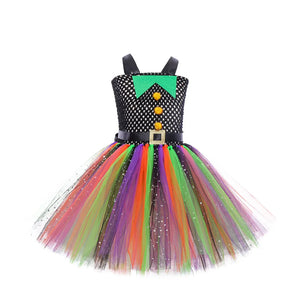Colorful Witch Costume for Girls Halloween Fancy Dress Up Tutu Dresses Kids Carnival Party Dresses Children Rainbow Dress - www.sixcolors.us