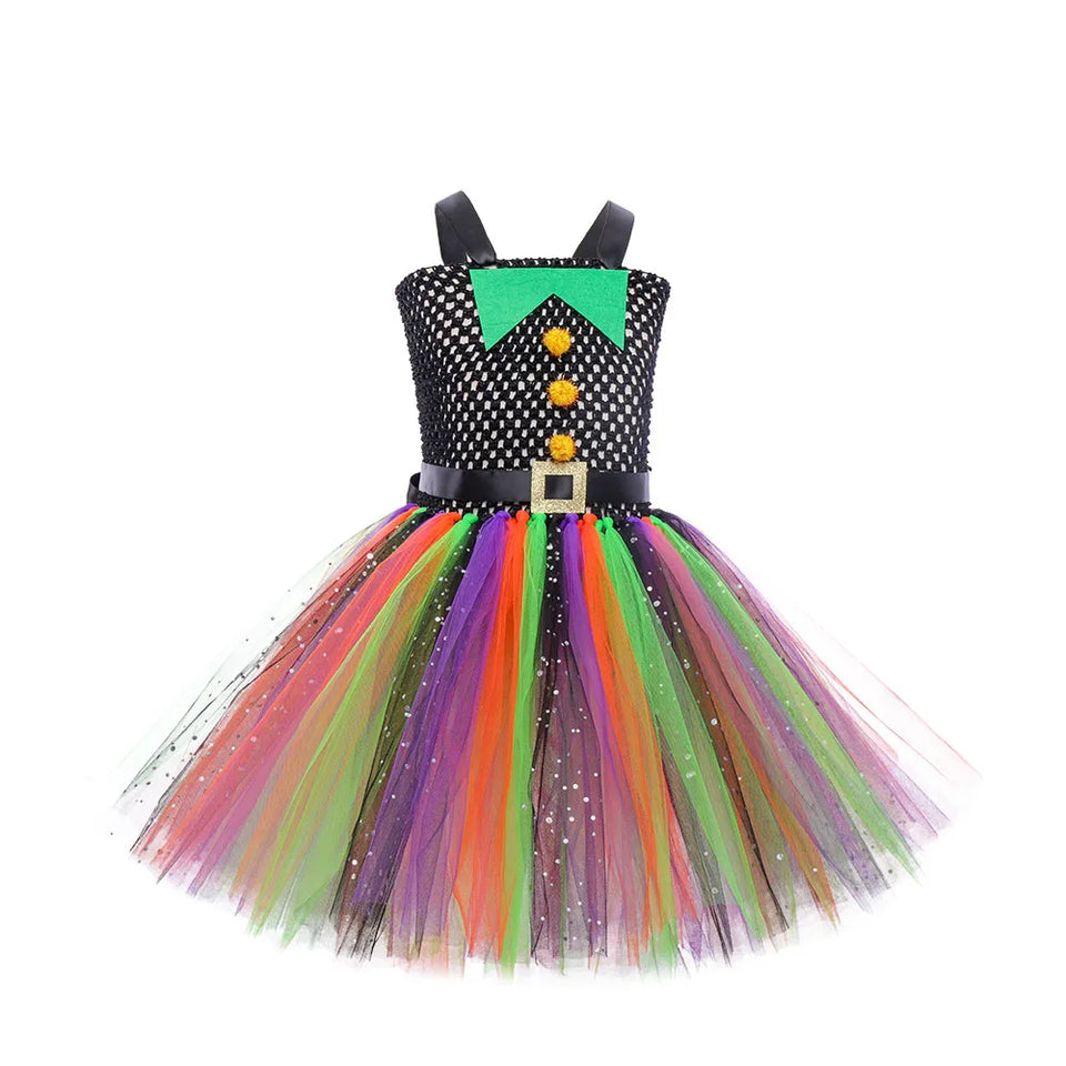Colorful Witch Costume for Girls Halloween Fancy Dress Up Tutu Dresses Kids Carnival Party Dresses Children Rainbow Dress - www.sixcolors.us