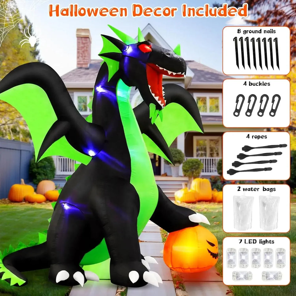 Halloween Inflatable Dragon Outdoor Decorations : 9FT Large Blow Up Yard Dragon with Pumpkin and LED Lights for Halloween Fun - www.sixcolors.us
