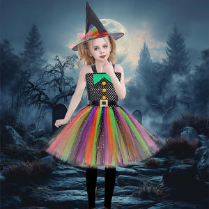 Colorful Witch Costume for Girls Halloween Fancy Dress Up Tutu Dresses Kids Carnival Party Dresses Children Rainbow Dress - www.sixcolors.us