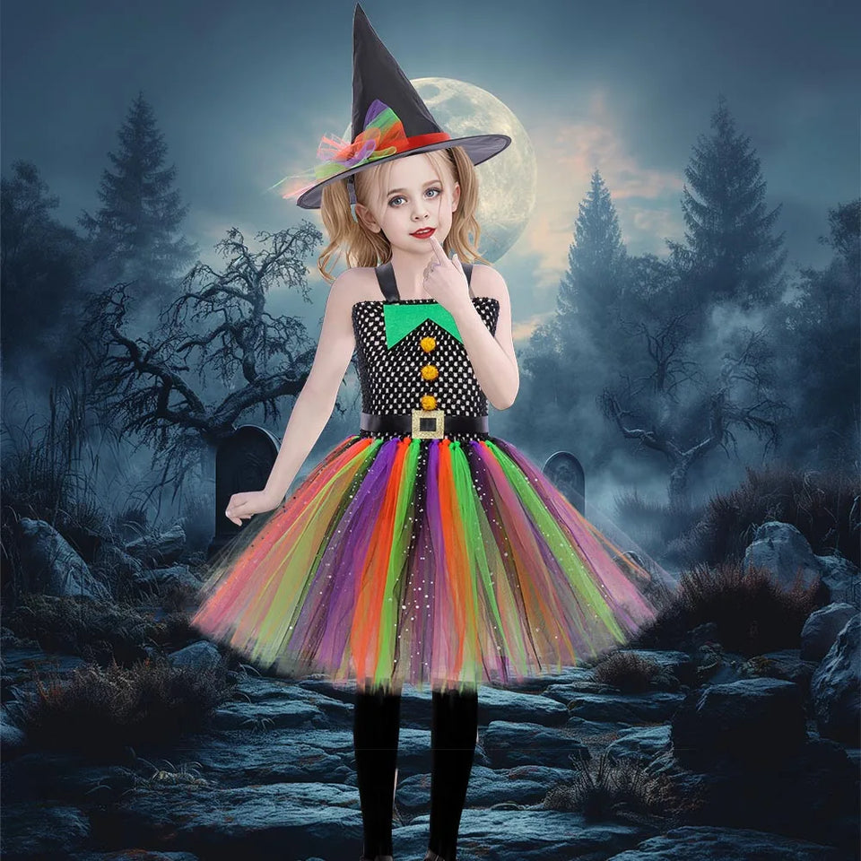 Colorful Witch Costume for Girls Halloween Fancy Dress Up Tutu Dresses Kids Carnival Party Dresses Children Rainbow Dress - www.sixcolors.us