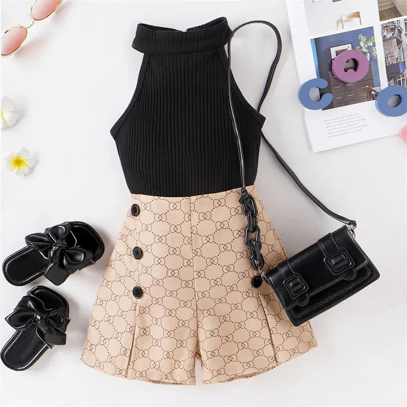 Summer Baby Girl Clothes Halterneck Top Button s Shorts 2023 New Toddler 4-7 Year Old 2 Piece Sets Kids