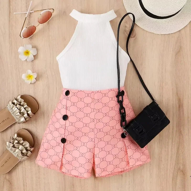 Summer Baby Girl Clothes Halterneck Top Button s Shorts 2023 New Toddler 4-7 Year Old 2 Piece Sets Kids