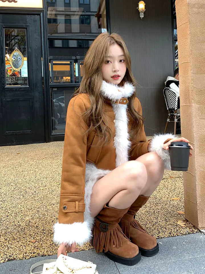Korean Fashion Fur Patchwork Jacket Short Top Women's Autumn and Winter High Waisted Skirt Two-piece Set Female Clothing