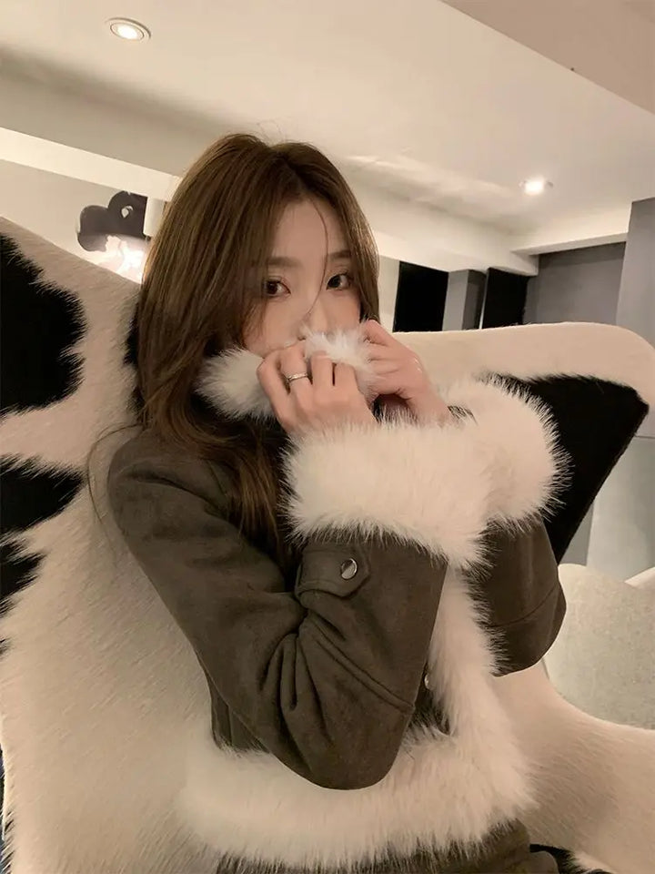 Korean Fashion Fur Patchwork Jacket Short Top Women's Autumn and Winter High Waisted Skirt Two-piece Set Female Clothing