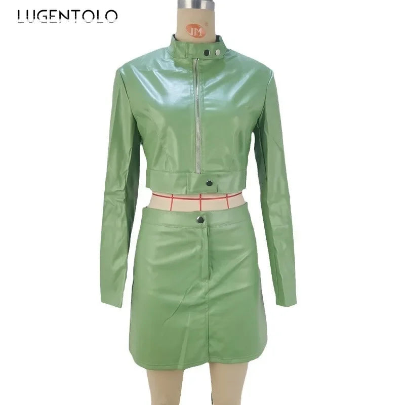 Women PU Two-piece Set 2024 Cropped Faux Leather Windproof Warm Jacket Sexy Mini Package Hip Skirt Fashion Club Party Wear