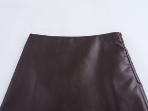TRAFZA-Women Stylish PU Leather Skirt Jacket Set Zipper Jacket Mini Skirt 2 Pieces Set New 2024 Autumn Winter Female Leather Set
