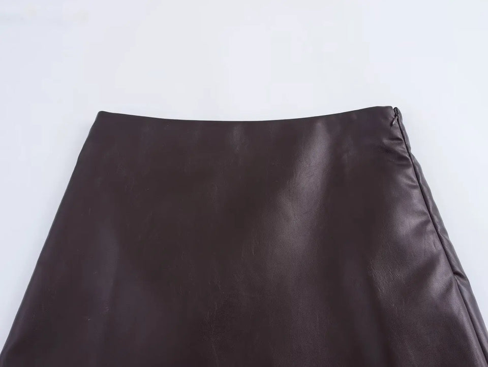 TRAFZA-Women Stylish PU Leather Skirt Jacket Set Zipper Jacket Mini Skirt 2 Pieces Set New 2024 Autumn Winter Female Leather Set