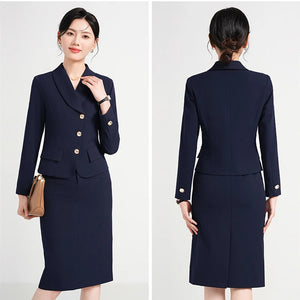 High Quality Black Blazer Set Pencil Skirt Women Elegant 2 Piece Set Fall New Commuter Career Suit Blue Long Sleeve Cut Jacket