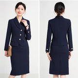 High Quality Black Blazer Set Pencil Skirt Women Elegant 2 Piece Set Fall New Commuter Career Suit Blue Long Sleeve Cut Jacket