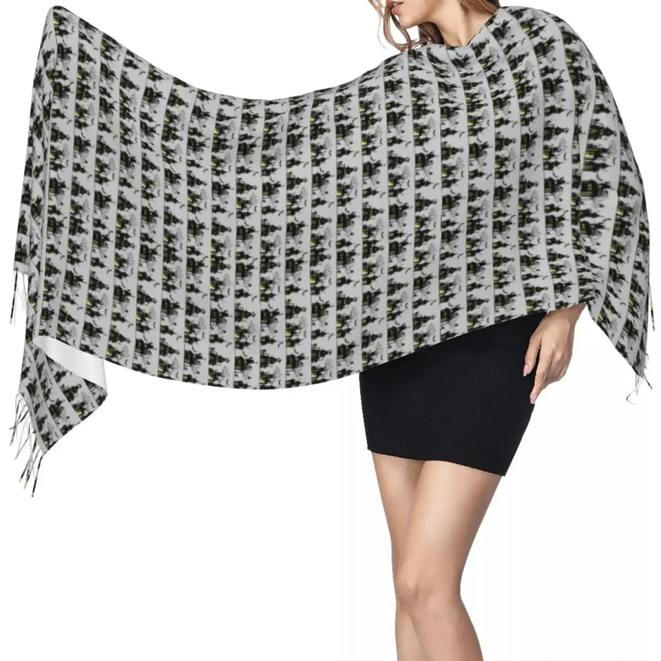 Halloween Haunted Mansion House Scarf Wrap Women Long Winter Fall Warm Tassel Shawl Unisex Ghost Fashion Versatile Scarves - www.sixcolors.us
