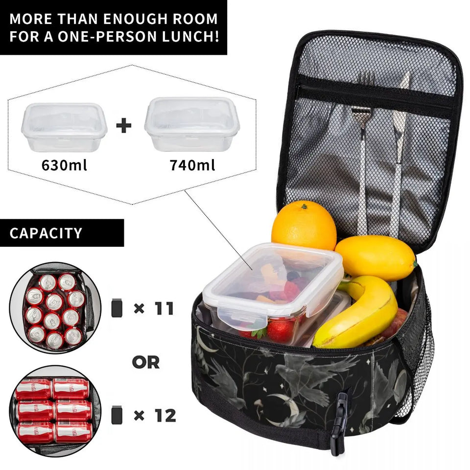 Crow Moon Insulated Lunch Bag for Camping Travel Halloween Spooky Witch Portable Thermal Cooler Bento Box Women Kids - www.sixcolors.us