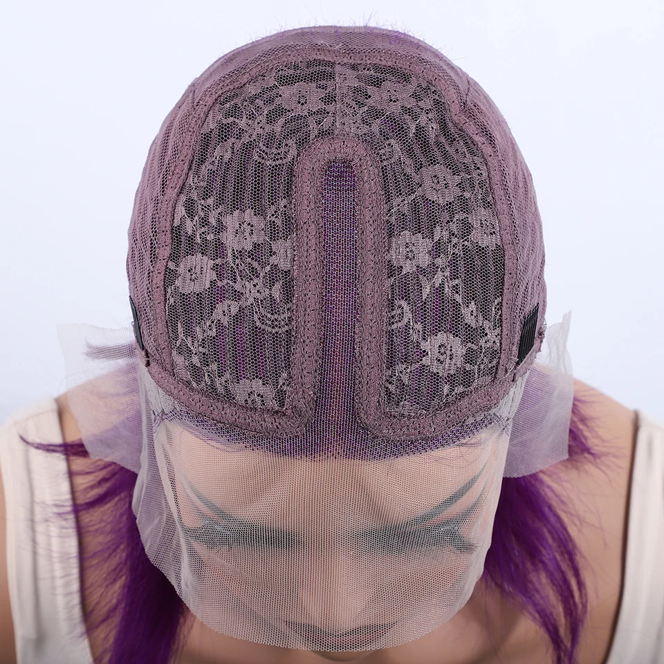 Halloween Cosplay Purple Hair 13x5x1 Transparent Lace Front Human Hair Wigs 180 Density Short Straight Lace Bob Wigs Human Hair - www.sixcolors.us