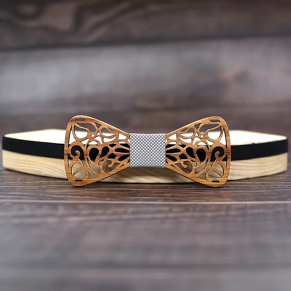 SOMESOOR Classic Floral Wood Bow Ties Engraved Hollow Butterflies Natural Wooden Bowknots Wedding Suit Accessories For Men Gifts