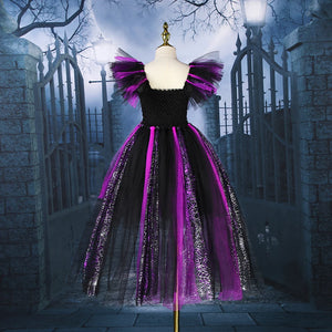 Girls Halloween Disguise Witch Costume Kid Tutu Trailing Dress Kids Carnival Cosplay Party Outfit Spider Web Design Mesh Clothes - www.sixcolors.us